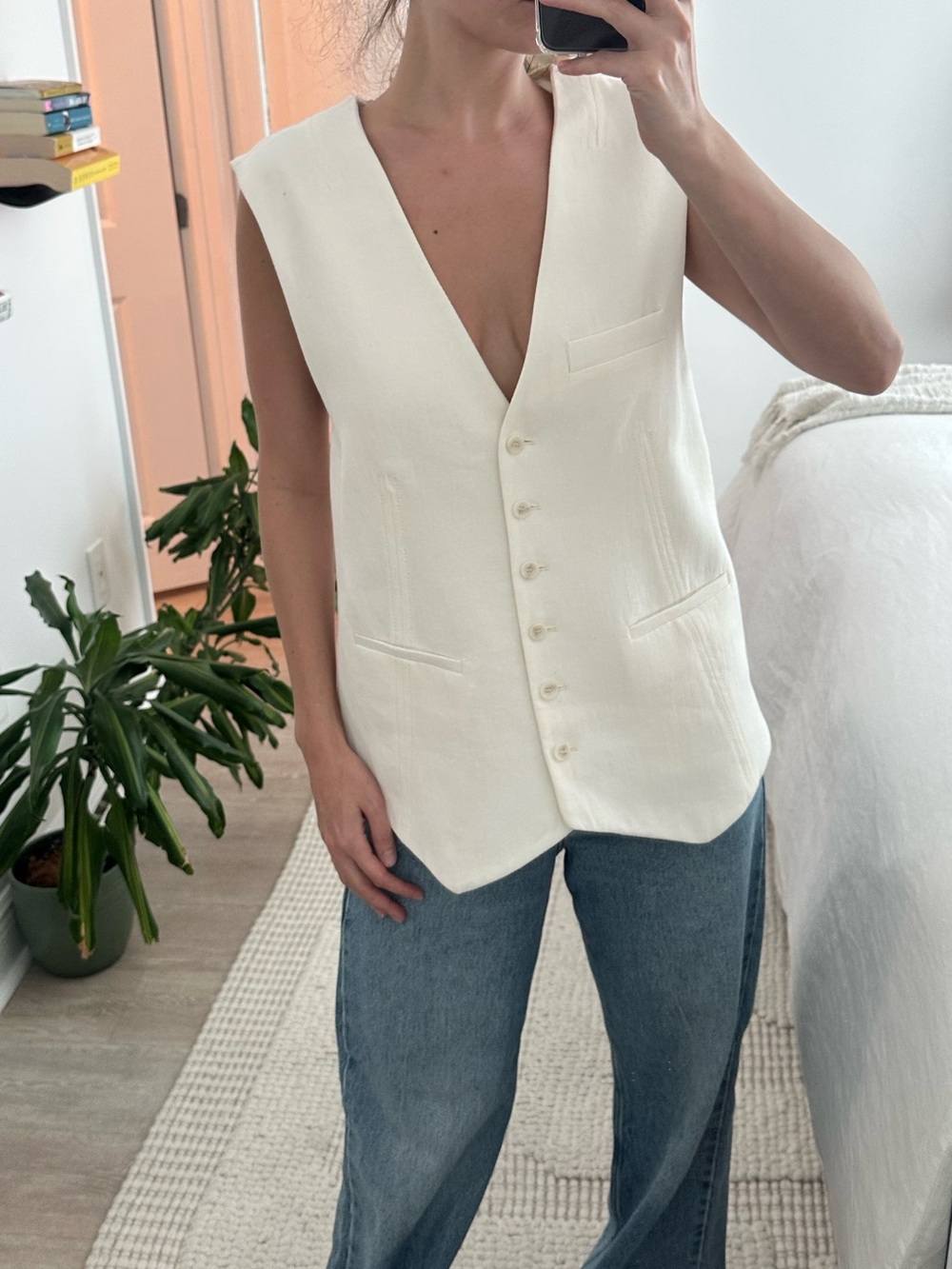 Cream Button-Front V-Neck Vest